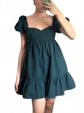 Olivaceous Jessie Berry baby doll dress, Dark Green Puff-Sleeve - linen cotton
